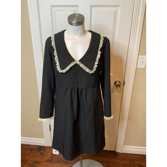 Tuckernuck Black Saxby Dress Long Sleeve Knee Length Dress w/ Lace Trim Size S - Picture 2 of 7